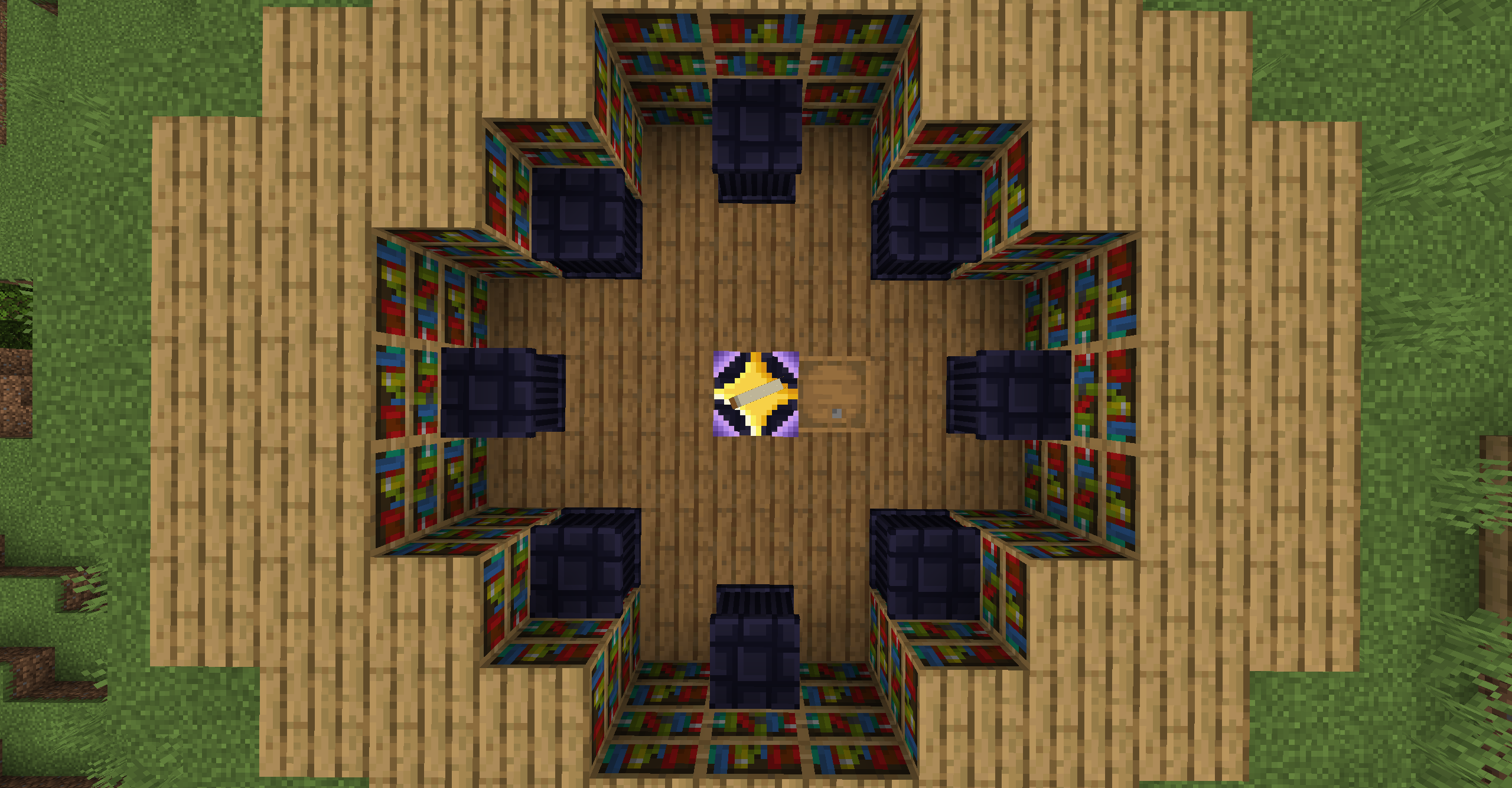 positions of pedestals relative to the altar : there is a pedestal with 2 air blocks between it and the altar in each direction as well as 4 more pedestals located in a square formation where the corners of the square are locations of pedestals and where the square in question is fit neatly into the borders of the four outer axis aligned pedestals