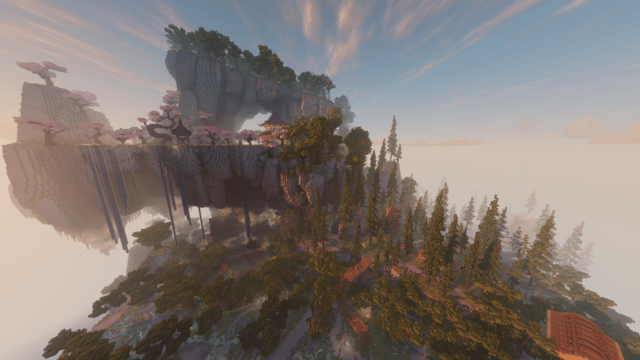 An image of a forest island in the sea, covered in varying types of trees