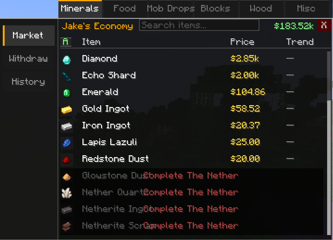 An in game image of the market, with achievement locks visible