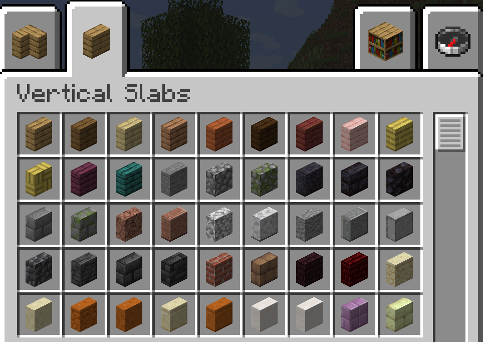 In-game screenshot of the custom creative inventory tab filled with vertical slabs