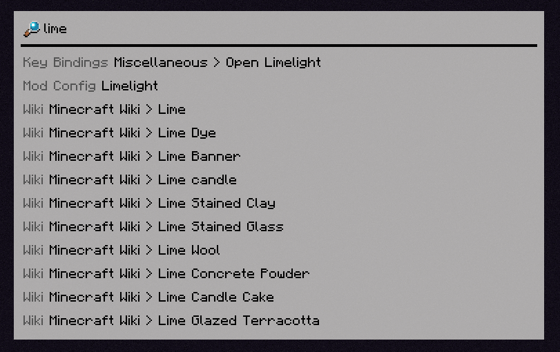 A search for 'lime'. Key binds, Limelight's config screen and entries from the Minecraft Wiki are shown.