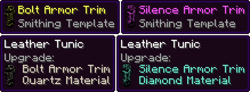 A demonstration of the resource pack's features, showing a preview of the armor trim next to the item or trim name.