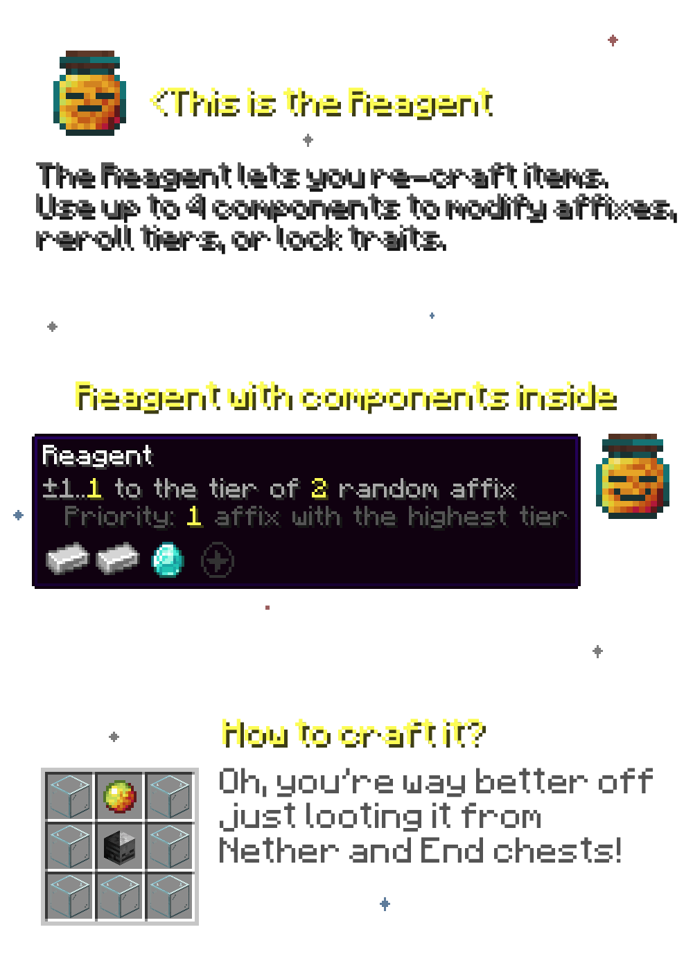 The Reagent lets you re-craft items.  Use up to 4 components to modify affixes,  reroll tiers, or lock traits.