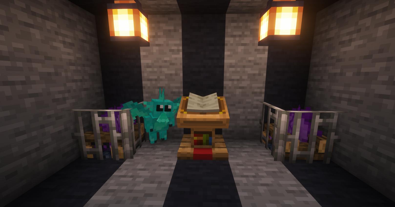 simple room with lectern and absolutely adorable mini-cthulhu <3
