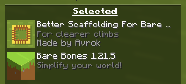 A screenshot of the minecraft resources pack GUI zoomed in on the selected column showing Better Scaffolding For Bare Bones placed above 'Bare Bones 1.21.5'. This is giving instructions for how to properly use.