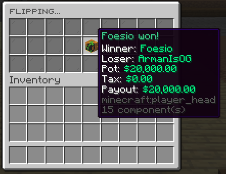 Coinflip result animation showing winner, loser, pot, tax, and payout