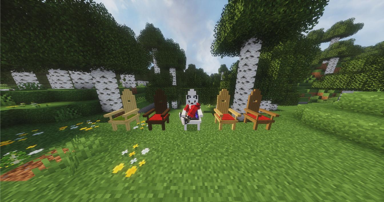 This Minecraft screenshot demonstrates the seating functionality of the furniture plugin. Five high-back chairs of various wood types (Birch, Dark Oak, Diorite/White, Oak, and Spruce) are lined up in a birch forest glade. The setting is a bright, daytime forest with lush green grass, yellow flowers, and several birch trees in the background, highlighting how the furniture integrates into a standard survival or creative world.