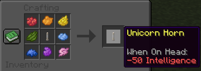 a screenshot of the recipe of the unicorn hor: red, orange, yellow, green, light blue, blue, purple, pink dye + an end rod