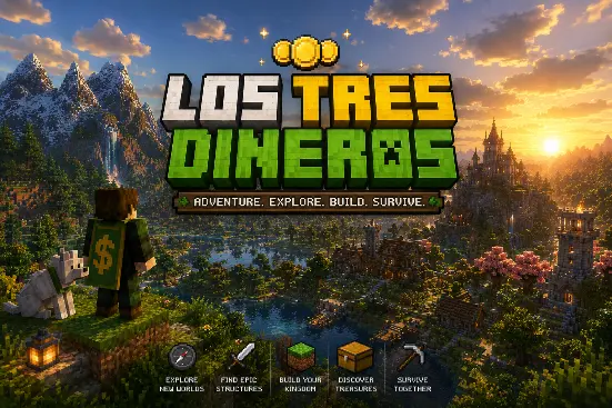 The image is a cinematic Minecraft-style promotional scene for “LOS TRES DINEROS.”  It shows a huge, detailed blocky landscape at sunset with mountains, rivers, forests, and a village spread across the valley. On the left foreground, a Minecraft character wearing a green cloak stands on a cliff next to a wolf with a green collar, both looking out over the world.  In the center, the title LOS TRES DINEROS is displayed in big, bold pixel-style lettering:  “LOS TRES” is styled in bright white and gold tones “DINEROS” is styled in bright green block letters with a Minecraft feel The design includes a coin-like icon above the title, reinforcing the theme  At the bottom, small icons represent gameplay themes like exploration, building, discovery, and survival, giving it a modpack “feature showcase” feel.  Overall, it looks like a high-energy Minecraft modpack cover meant to feel adventurous, rich, and inviting.