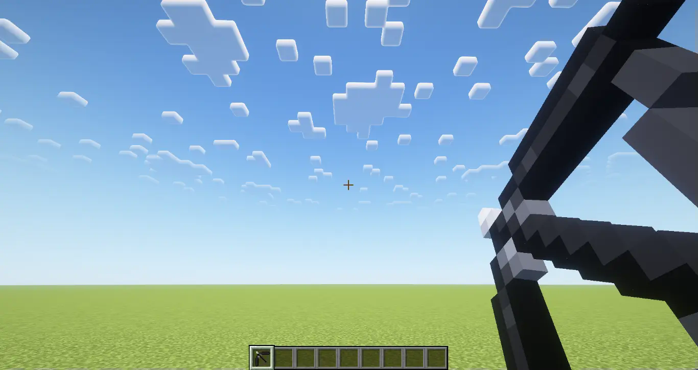 A screenshot of miencraft gameplay in a flat open biome with a first person view of the player pulling back a black bow to showcase the resource back and how it srecolors the bow and arrow to be black instead of the default brown.