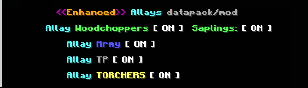 A picture of the built-in Chat Config Menu with [ON] [OFF] toggle buttons