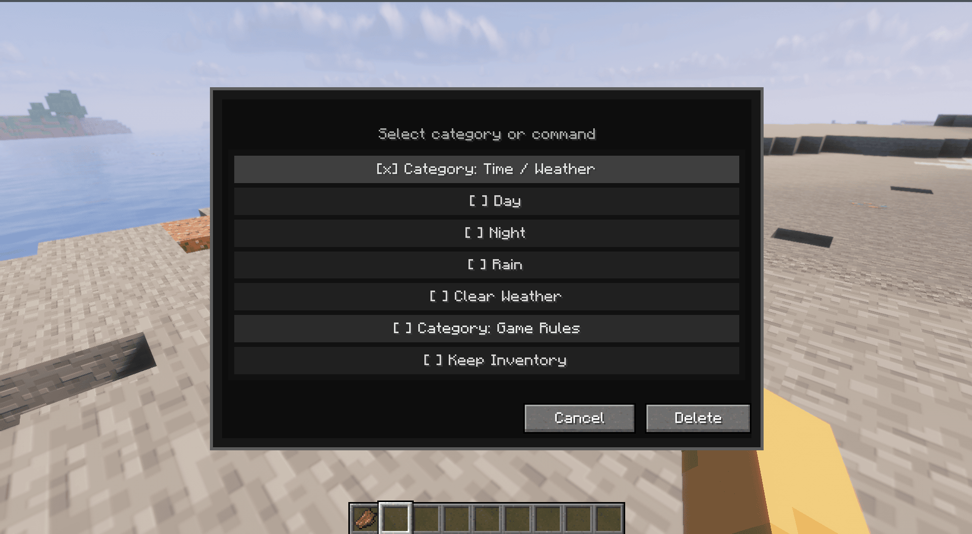 Screenshot of the Command Pouch delete menu in Minecraft. The menu shows a list of command categories and commands with checkboxes beside each item. Players can select a category to delete the whole category, or select an individual command to delete only that command. The Cancel and Delete buttons are shown at the bottom left