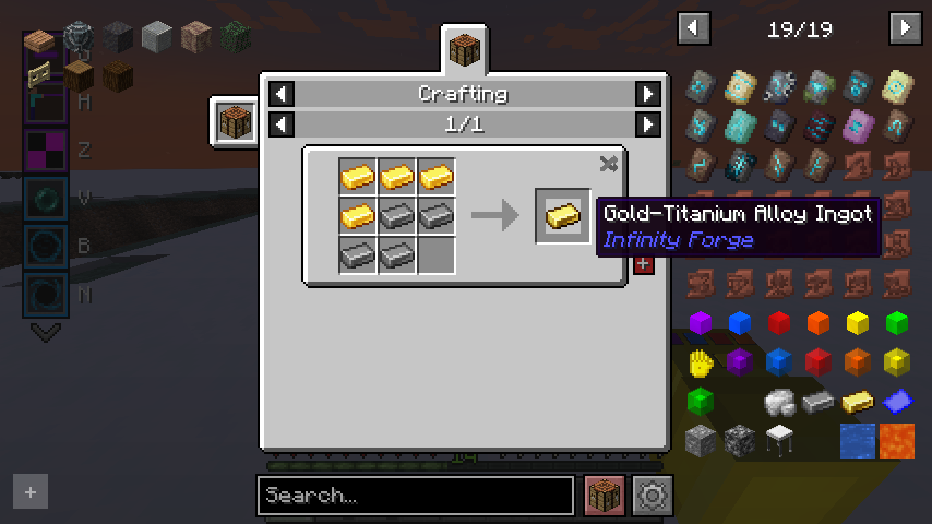 Describes the recipe to make Gold-Titanium Alloy Ingots with 4 gold ingots and 4 titanium ingots; shapeless craft