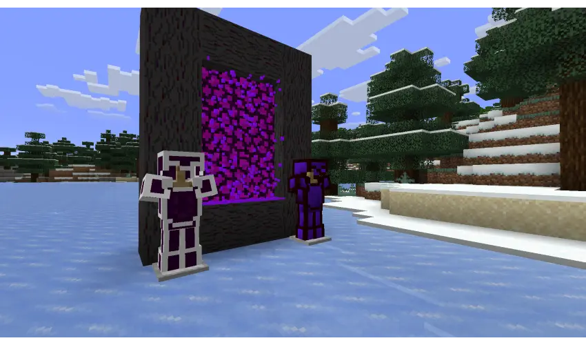 The Portal into the Eterna Forest with 2 Armor stands near it that contain 2 armor sets featured in the mod