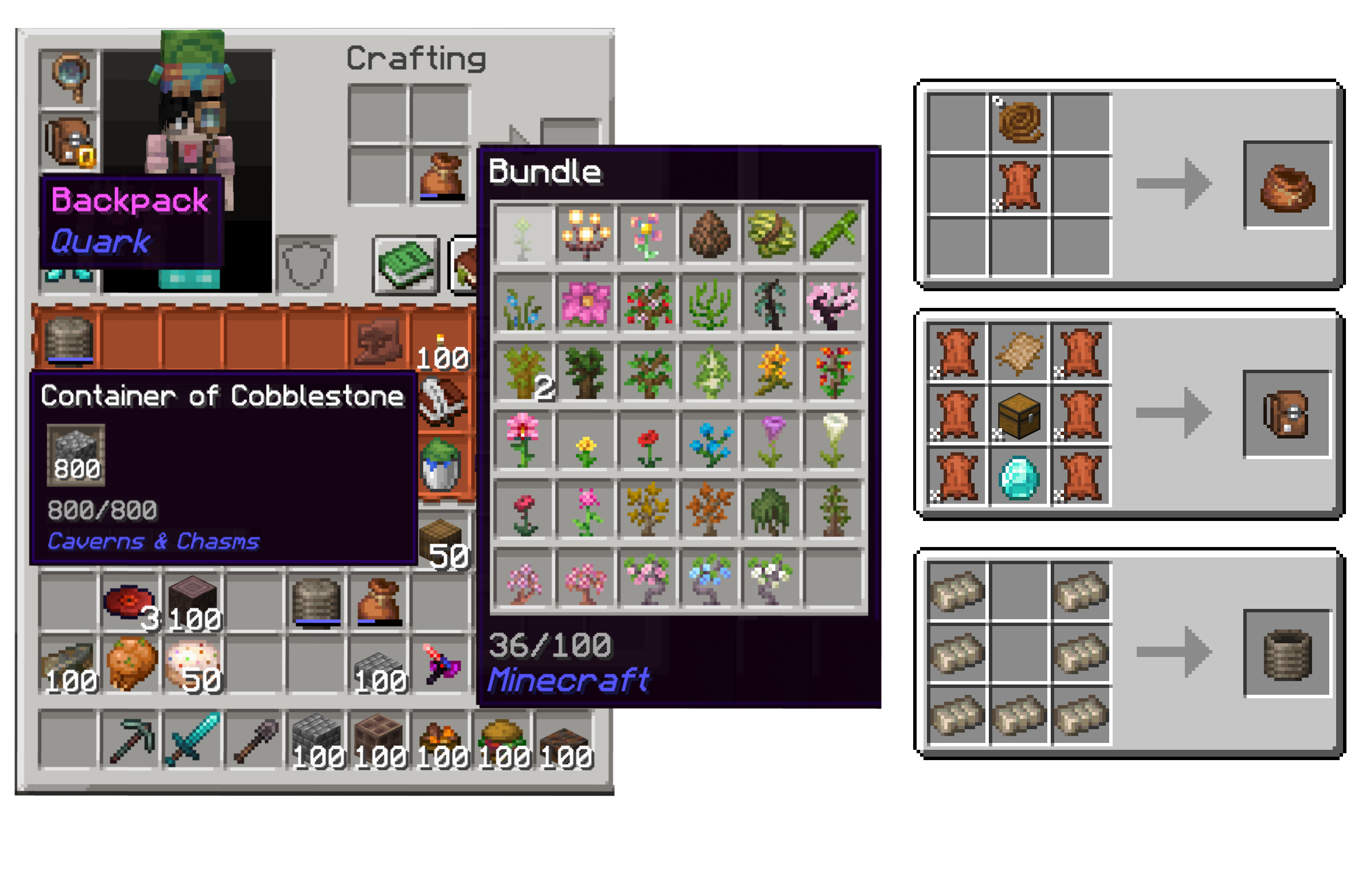 Bundles can contain any variation of 100 items. Packing containers can contain 800 of 1 item. Backpacks give you 3 extra rows of inventory slots.