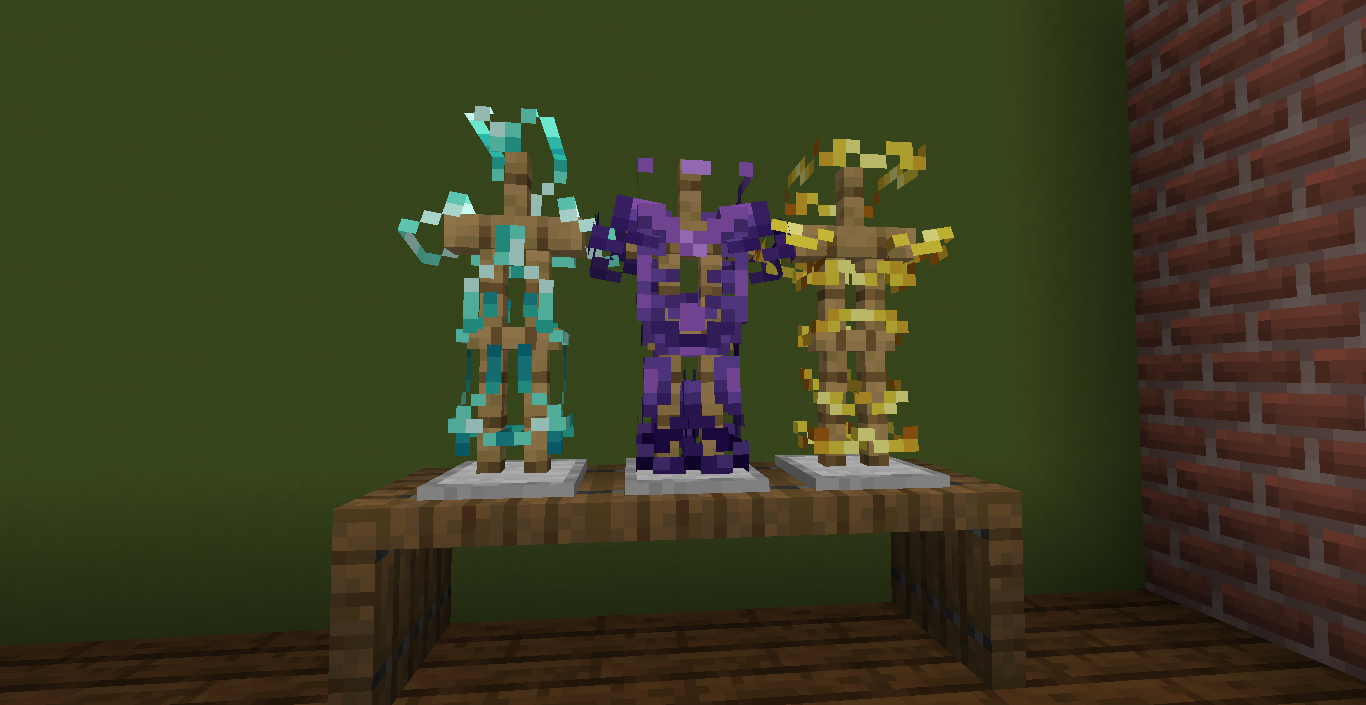 Three armors with invisible models upgraded with trims (only the trims are visible)