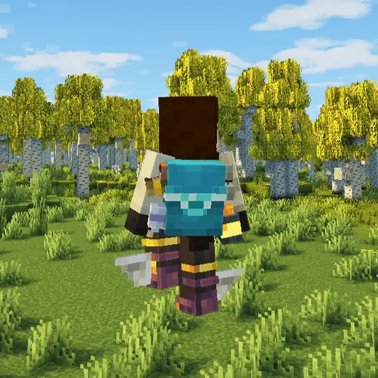 A minecraft character floating with a blue backpack on.