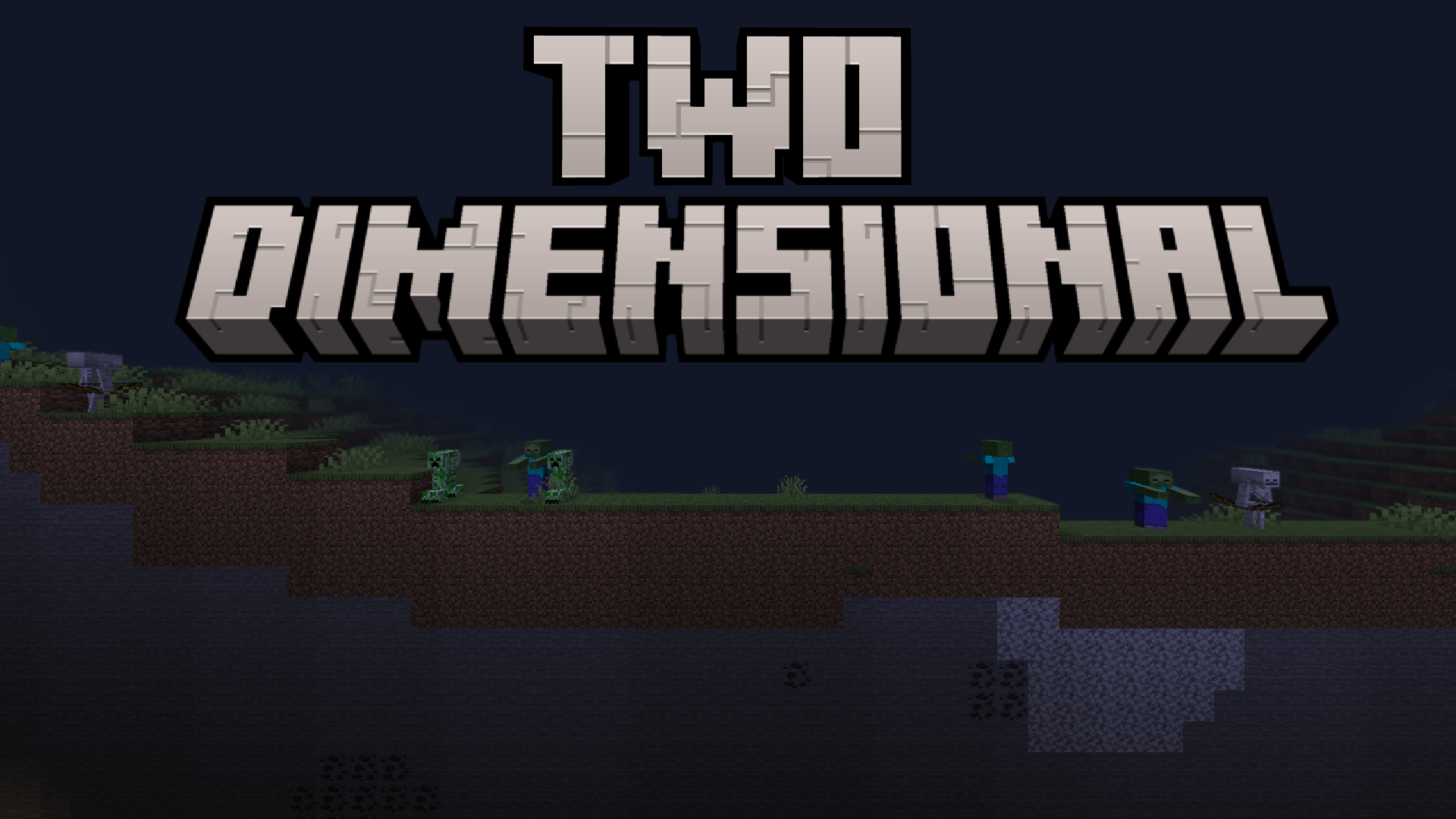 The cross section of a Minecraft plains biome is shown. There are several mobs on the grass. Above, the title of the mod "Two Dimensional" is written.