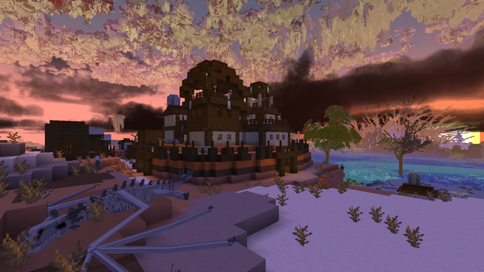 A sturdy stronghold sits by the coast, it's walls and towers manned by Illagers. The skeleton of a Dragon lies near, a forboding omen to visitors.