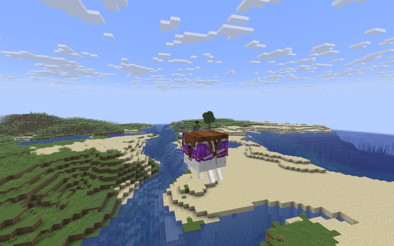 Player flying a happy ghast equipped with a propeller