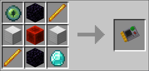 Dimension Module crafting recipe: Two Iron blocks on the left and right, two Obsidian on the top and bottom, Eye of Ender in the top left, Diamond in the bottom right, two Blaze Rods in the top right and bottom left, and a Redstone Block in the middle.