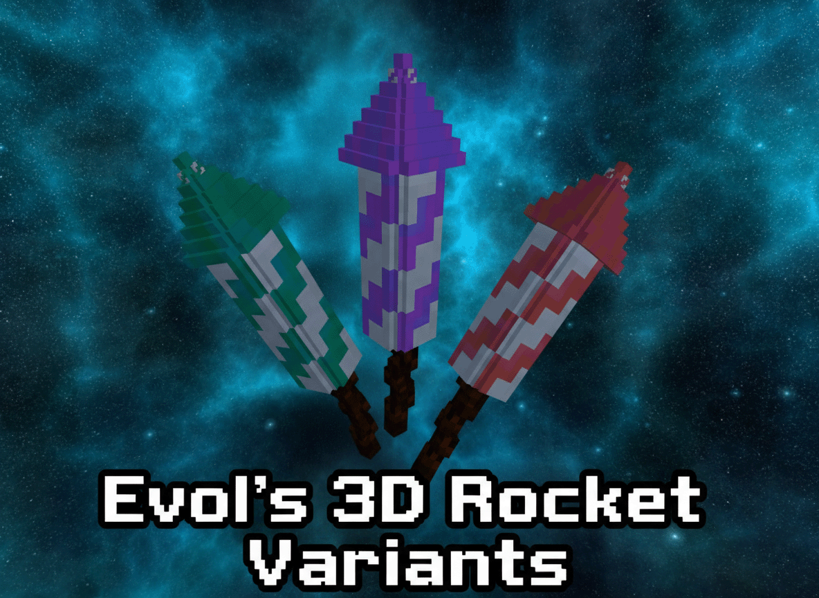 Three rocket variants in green purple and red float above the title text "Evol's 3D Rocket Variants"