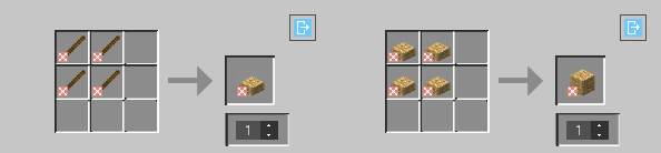 4 sticks, 1 slab. 4 slabs, 1 oak (I know it should be 2 oaks, STOP ASKING ME TO CHANGE THAT).