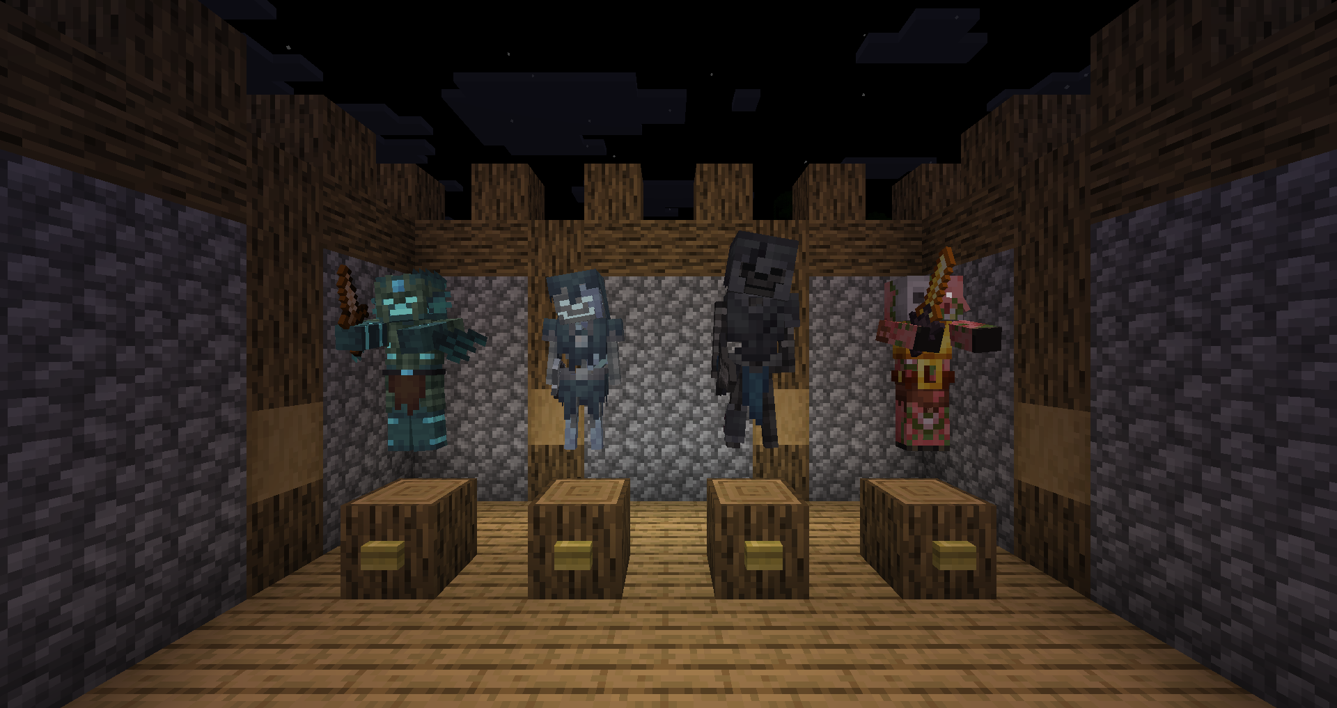 A drowned, stray, wither skeleton and zombified piglin displayed above oak logs
