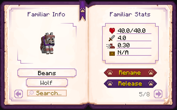 An in-game screenshot of the book UI showing a tamed wolf on the left page with his name "Beans" and entity type "Wolf", along with a search box. The right page has his stats for health, damage, movement speed and item count, along with a release and rename button.