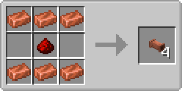 Crafting recipe of the copper pipe. Three copper ingots on top. Three copper ingots at the bottom. One redstone dust in the center.