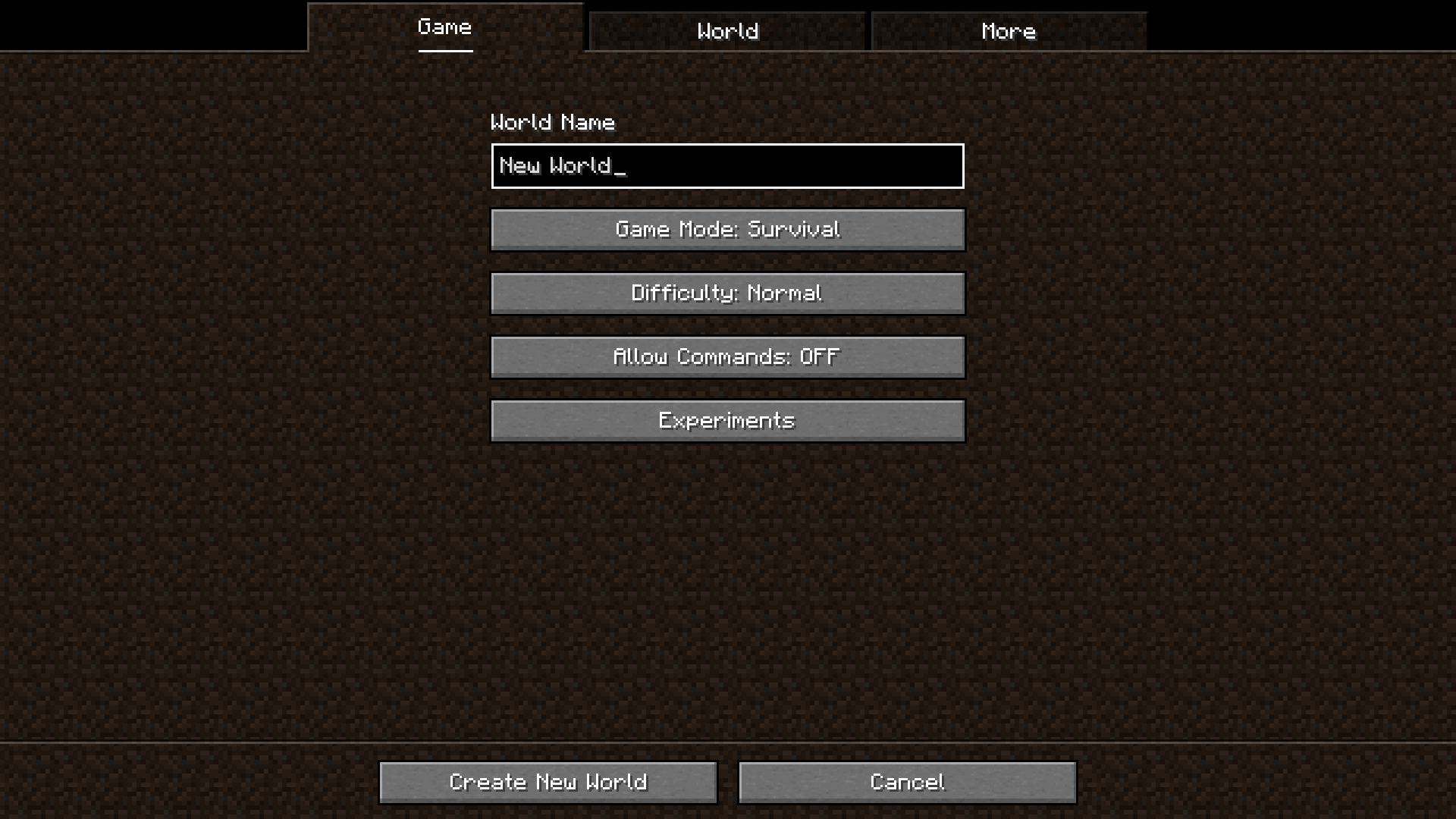 Minecraft World Creation menu with the classic dirt tabs