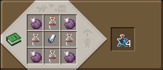 The crafting recipe for the Potion of Recall consists of four Chorus Fruit and four Glass Bottles surrounding a Divine Fragment, which will produce four Potions of Recall