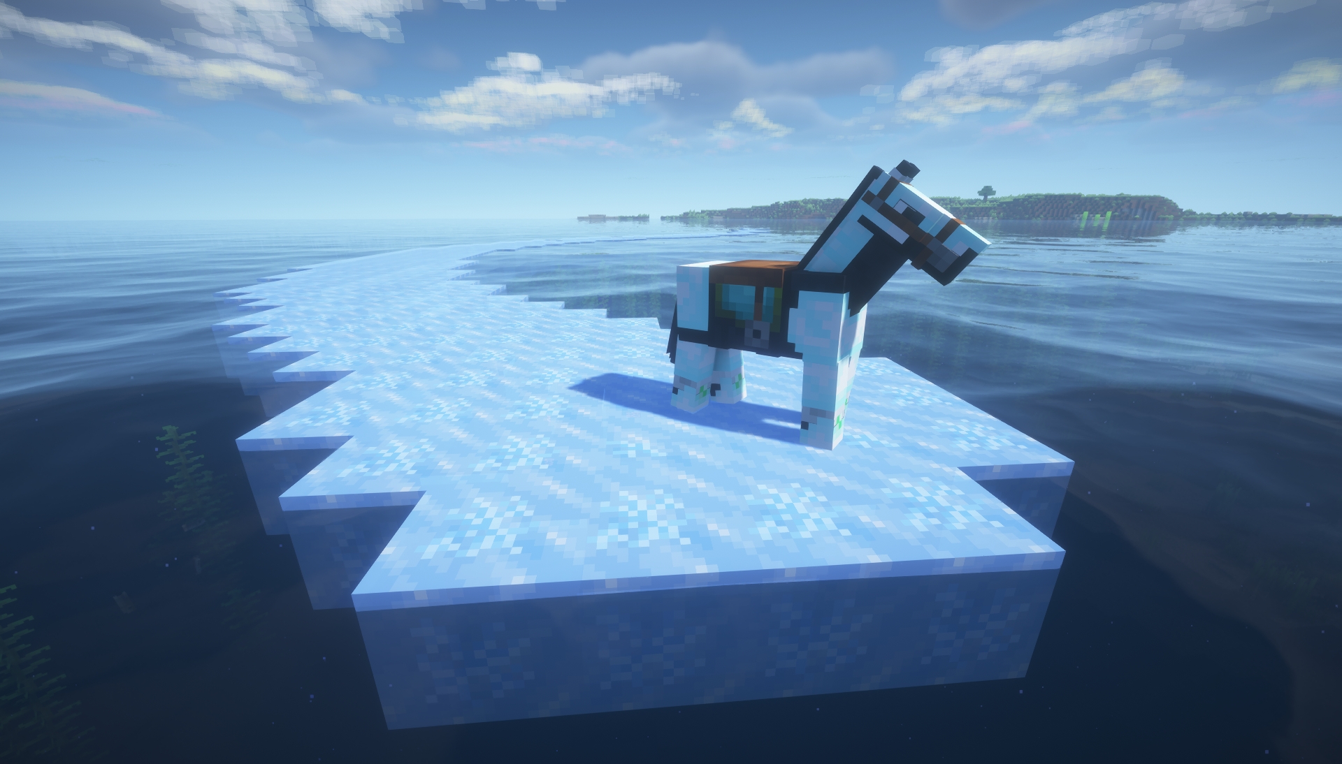frost horse armor on a black horse in the ocean, standing on frosted ice, land in the distance, bsl shaders