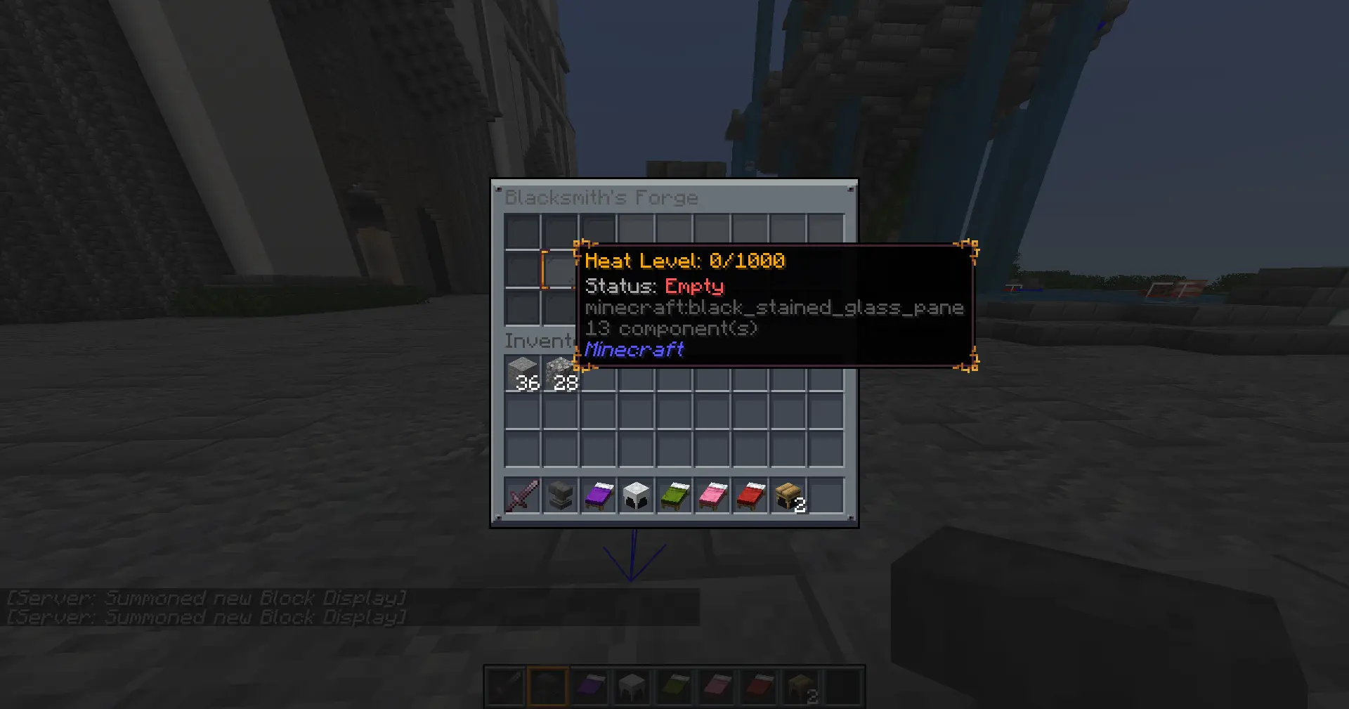 This image displays a specialized Graphical User Interface (GUI) for the "Blacksmith's Forge" within the Minecraft furniture plugin. The menu is a gray, stone-textured window overlaid on a Minecraft world during twilight.