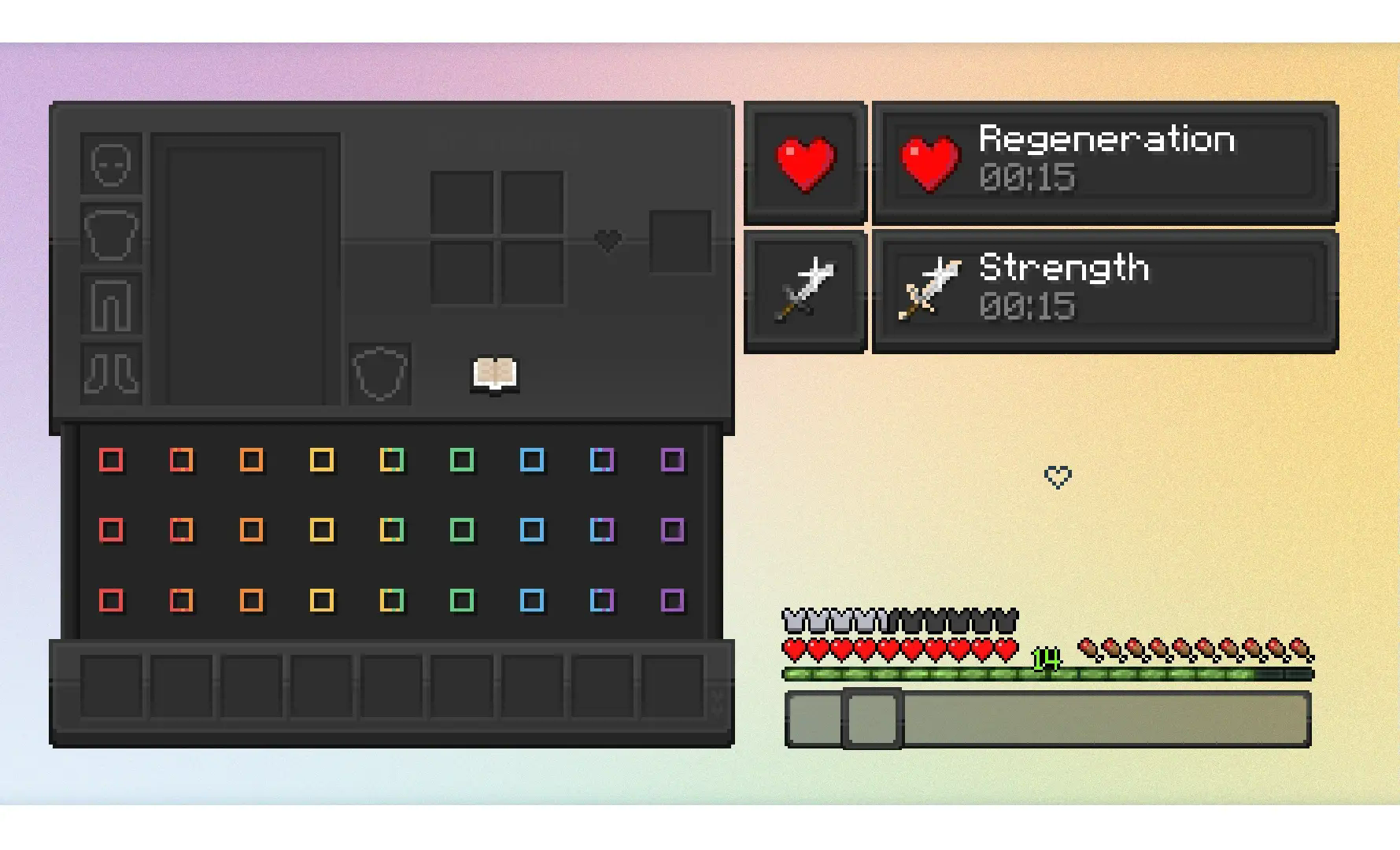 A preview of the Rainbow GUI included, alongside an example of the hotbar and effect backgrounds.