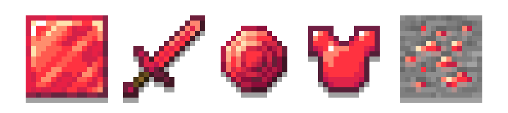 From left to right: a block of ruby, a ruby sword, a ruby, a ruby chestplate, and ruby ore.