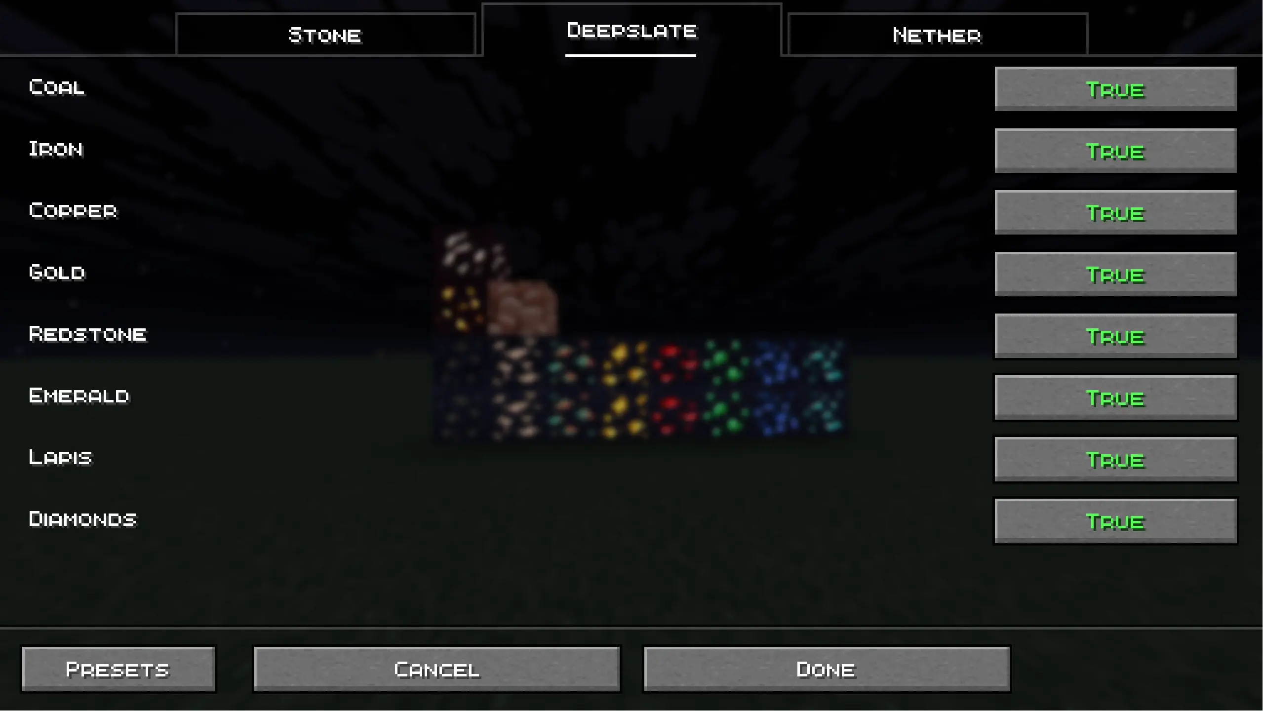 menu of the respackopts configuration screen with the glowing ores in the background