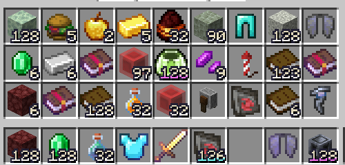 Screenshot of a really messy inventory with a custom stack font and stacks with over 64 items