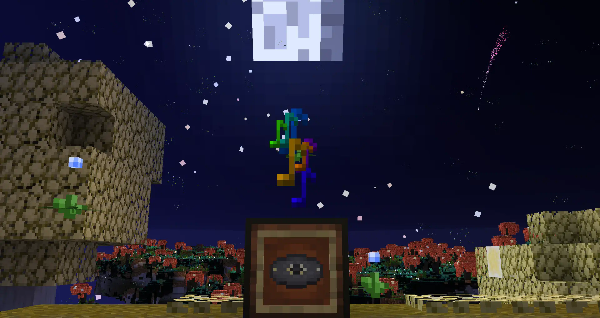 A Jukebox with one of the new Music Discs attached to it producing note particles. The Moon is visible in the background.