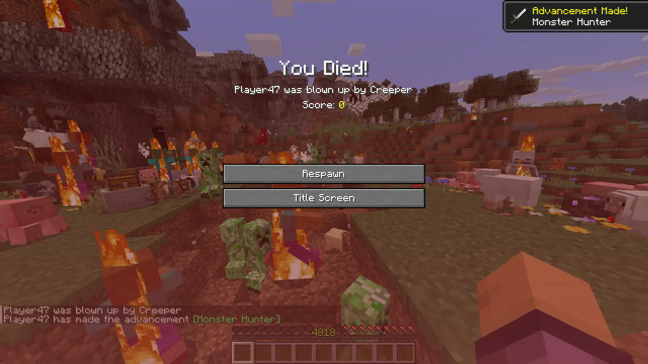 Entities visible on death screen