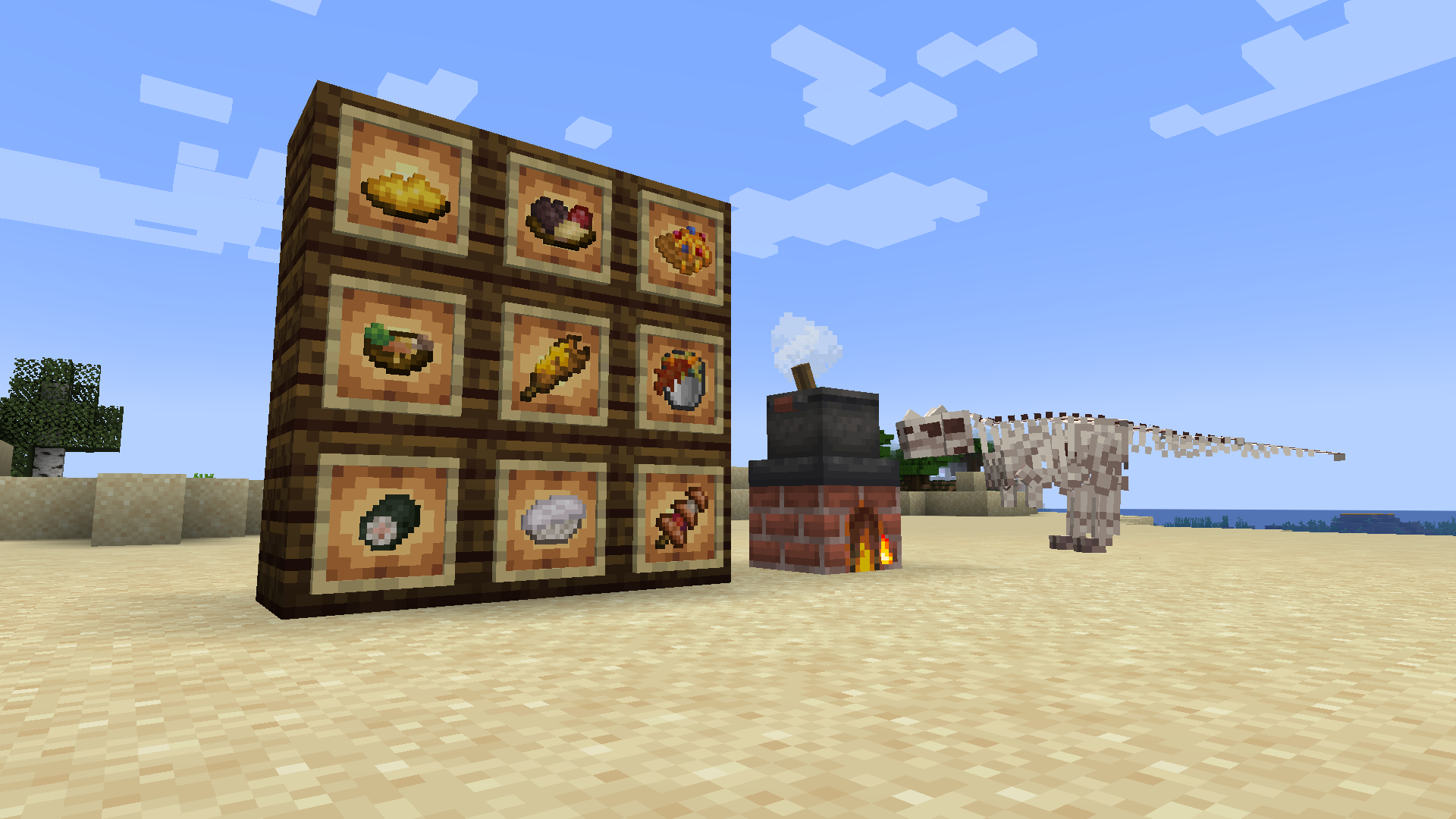 A 3x3 wall of ancient planks that has dodo eggs, thawed stew, waffles with honey and berries, proto sukiyaki, meganeura tail, trilobite boil, tiktaalik maki, coelacanth sashimi and jurassic brochette on glow items frames. Located on a beach, there is a full size ceratosaurus skeleton from f/a in the background and a cooking pot from farmers delight in the background.