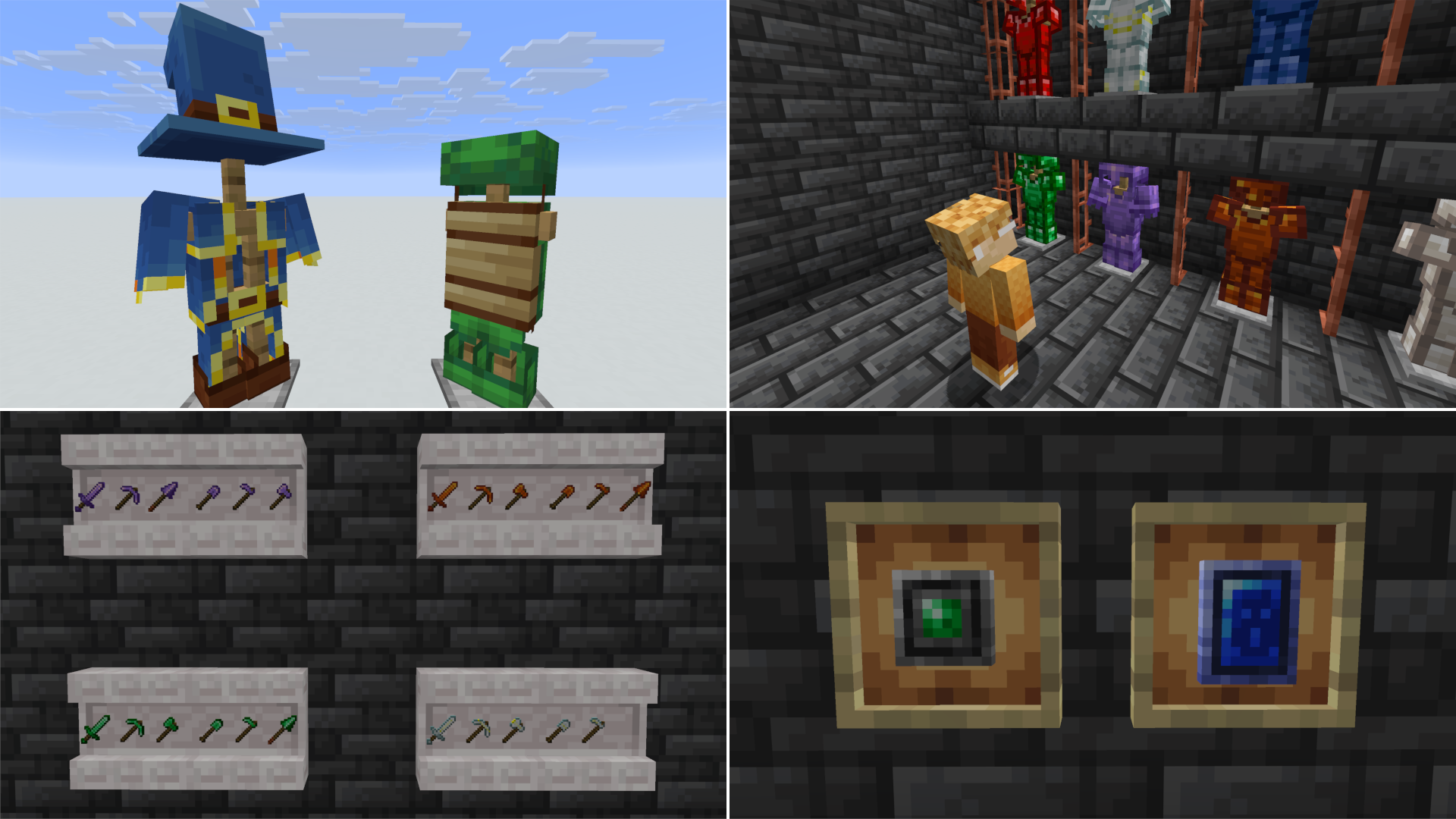 A collage of 4 images of custom armor, tools, and amulets in Vanilla+.