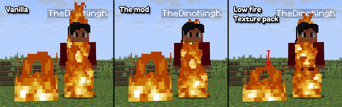 side-by-side comparison of the mod, a low fire resource pack and vanilla behavior.
