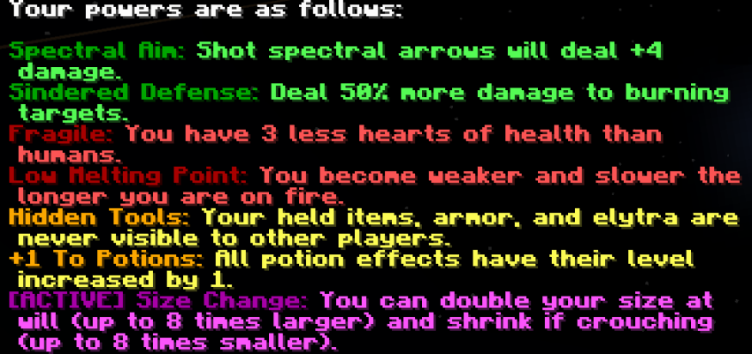 The in-game chat message listing all current powers.