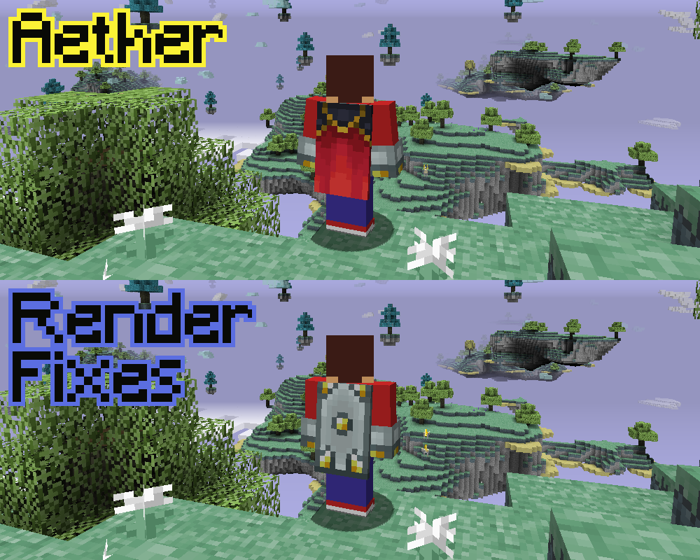 shows a comparison between how the valkyrie cape is rendered in third person with just The Aether mod and with this mod which applies the fixes mentioned in the description