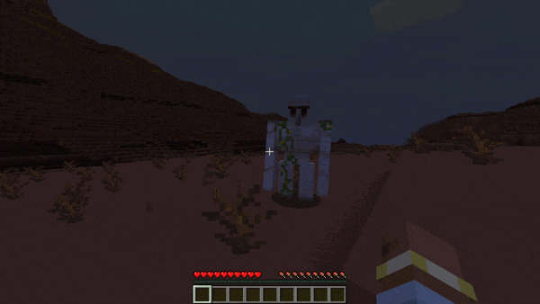 Player gets hit by an iron golem. An arrow points towards where the iron golem was, indicating where the damage was taken from