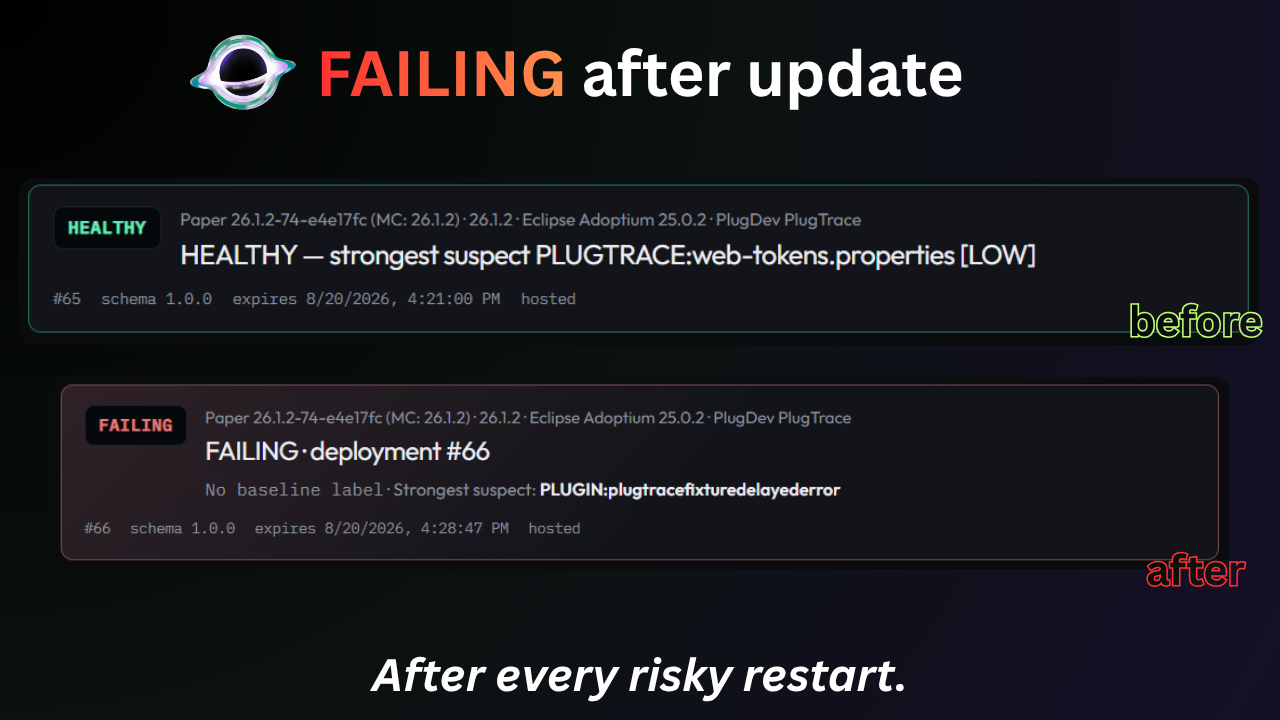 PlugTrace showing a healthy deployment followed by a failing deployment after an update