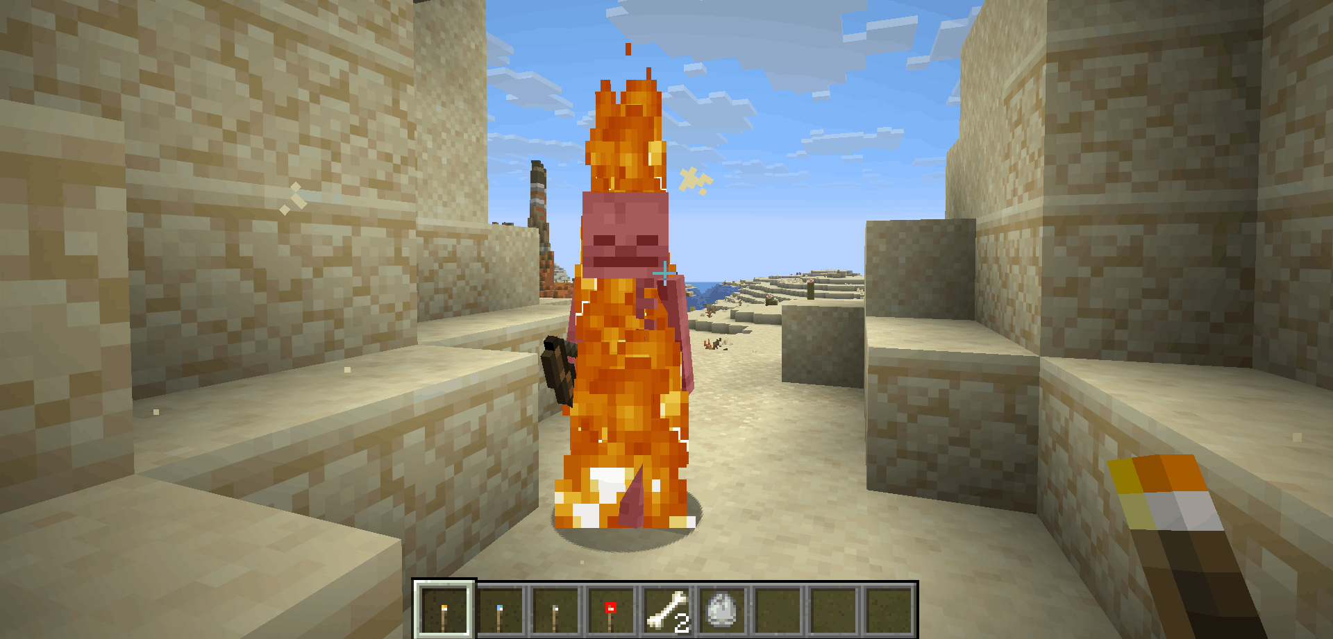 Skeleton burning after getting hit with torch