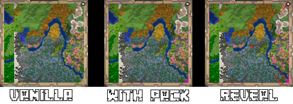 A comparison between vanilla, with the pack, and one that reveals which spots are not mapped, held map