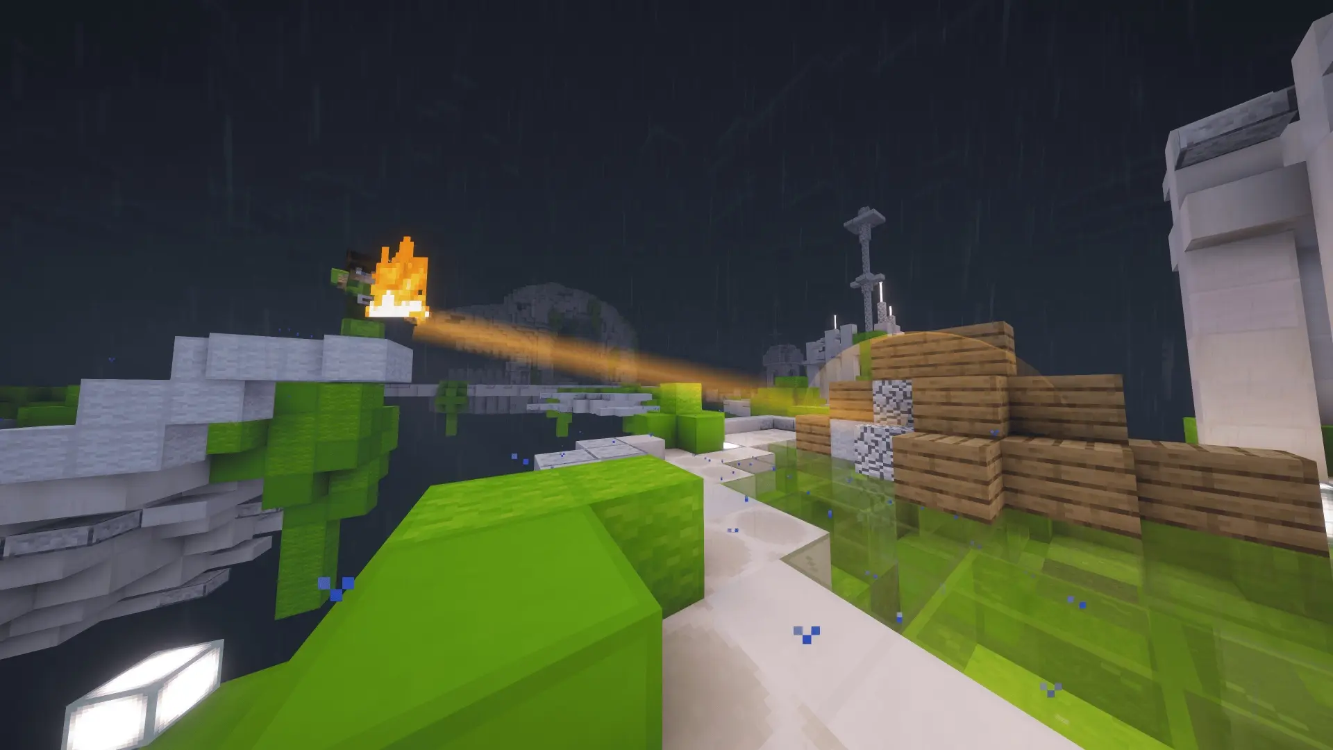A Minecraft opponent shoots a fireball at a protected bed, with visual indicators highlighting the projectile's flight trajectory and blast impact zone.